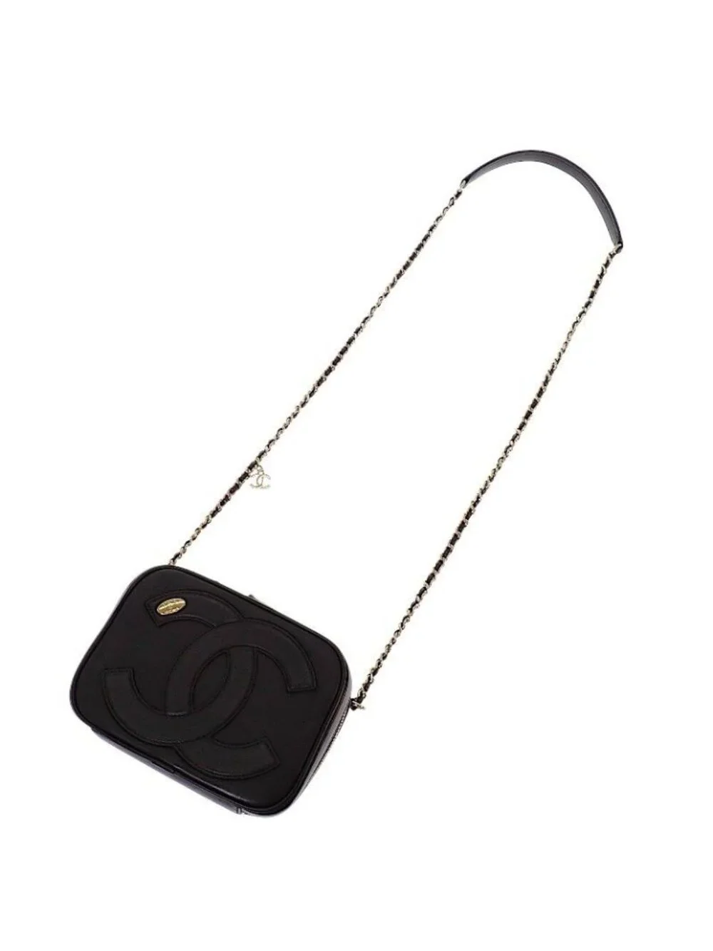 Chanel CC Logo Chain Shoulder Camera Bag Lambskin Black Gold